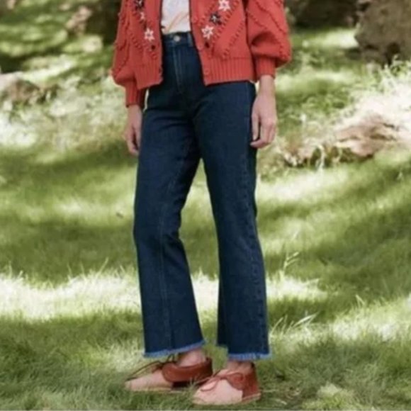 THE GREAT. Denim - New THE GREAT Western Crop Raw Frayed Hem Straight Wide Leg Jeans Dark Wash - 29